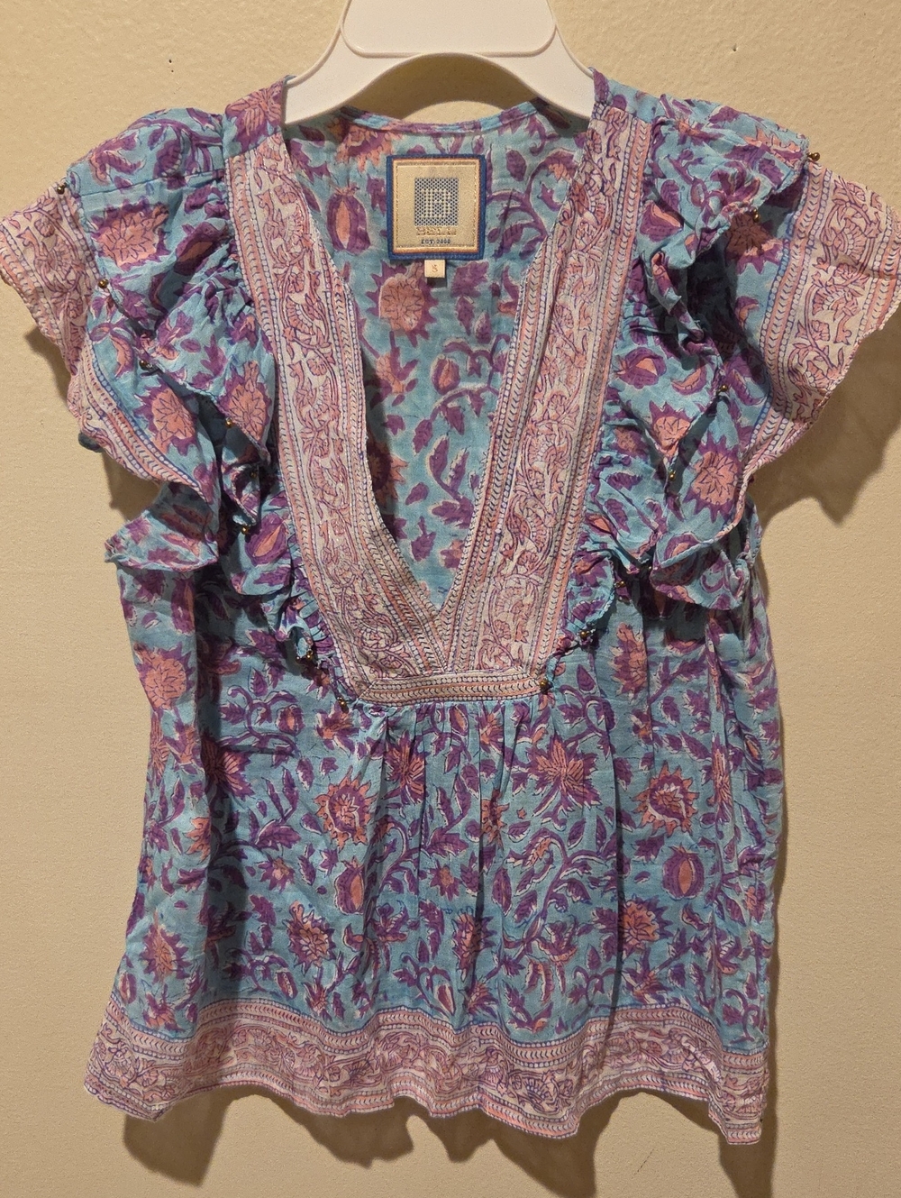 ❤️ ALICIA BELL SILK COTTON BLEND BEADED RUFFLE SLEEVE BOHO TOP, SMALL